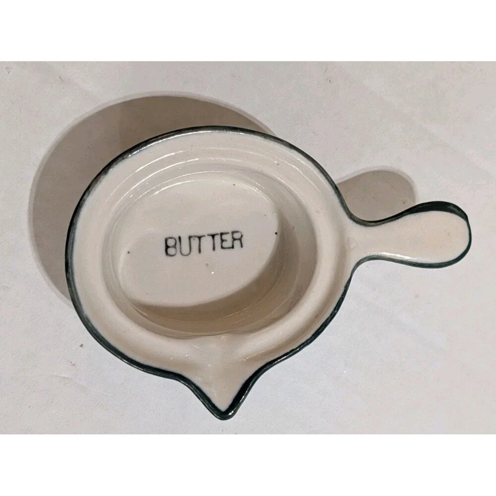 Ceramic Butter Melting Pot Dipping Dish With Spout & Handle White Black Rim